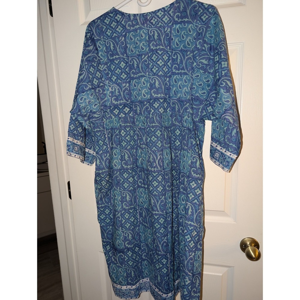 Mary Marshmallow Blue Block Print Empire Waist Midi Dress Large Bohemian Paisley - Picture 3 of 4